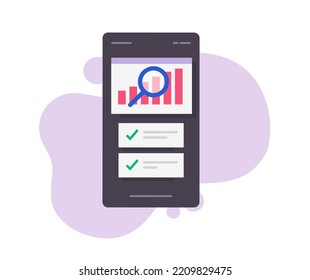 Analysis Data Market Metrics Statistics On Mobile Cell Phone Vector, Visual Stocks Sales Graph On Cellphone Smartphone App Illustrated Graphic, Task Management Software Efficiency Chart Review Design