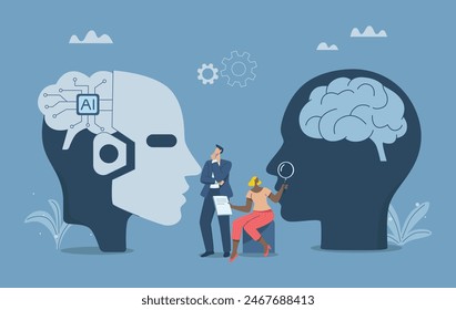 Analysis of data obtained from AI and people, Choosing a project that is suitable for AI or humans, Expertise or intelligence between humans and artificial intelligence, Vector design illustration.