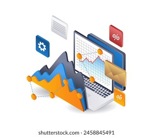 Analysis data on the development of online investment businesses, infographics flat isometric 3D illustrations