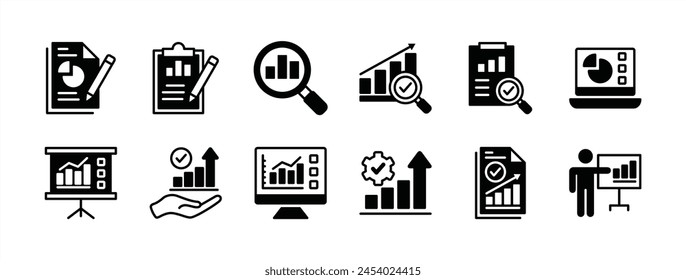 Analysis data report icon set. Containing financial profit graph on the clipboard, device, whiteboard. Review results documents. Statistical science data information. Vector illustration