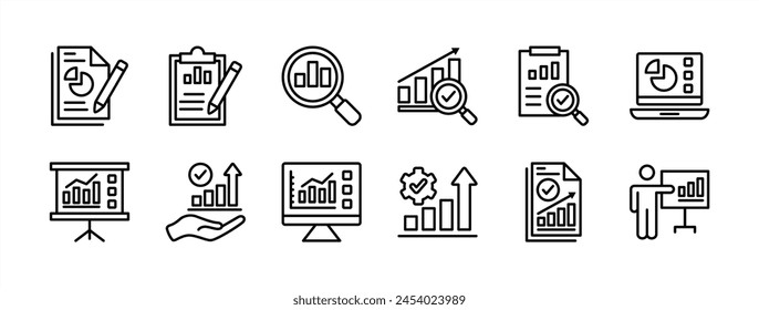 Conjunto de iconos de línea fina de informe de datos de análisis. Contiene el gráfico de beneficios financieros en el Portapapeles, dispositivo, pizarra. Revisar documentos de resultados. Información de datos estadísticos. Ilustración vectorial