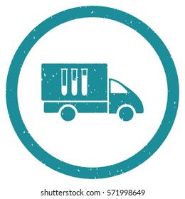 Analysis Delivery grainy textured icon inside circle for overlay watermark stamps. Flat symbol with dirty texture.