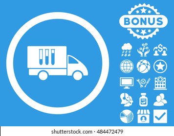 Analysis Delivery icon with bonus design elements. Vector illustration style is flat iconic symbols, white color, blue background.