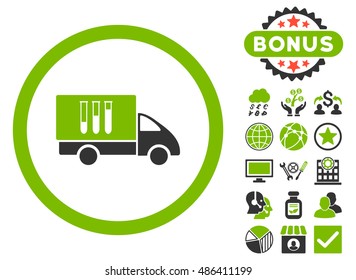 Analysis Delivery icon with bonus images. Vector illustration style is flat iconic bicolor symbols, eco green and gray colors, white background.