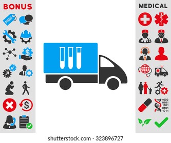 Analysis Delivery vector icon. Style is bicolor flat symbol, blue and gray colors, rounded angles, white background.