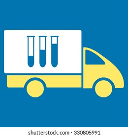 Analysis Delivery vector icon. Style is bicolor flat symbol, yellow and white colors, rounded angles, blue background.