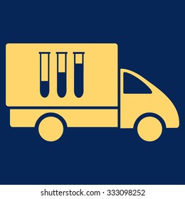 Analysis Delivery vector icon. Style is flat symbol, yellow color, rounded angles, blue background.