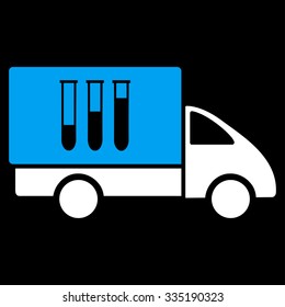 Analysis Delivery vector icon. Style is bicolor flat symbol, blue and white colors, rounded angles, black background.