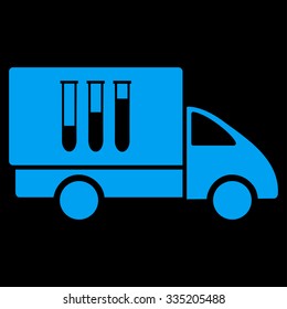 Analysis Delivery vector icon. Style is flat symbol, blue color, rounded angles, black background.