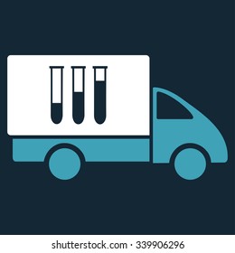 Analysis Delivery vector icon. Style is bicolor flat symbol, blue and white colors, rounded angles, dark blue background.