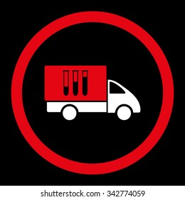 Analysis Delivery vector icon. Style is bicolor flat rounded symbol, red and white colors, rounded angles, black background.