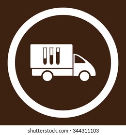 Analysis Delivery vector icon. Style is flat rounded symbol, white color, rounded angles, brown background.