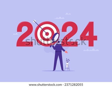 Analysis and development of strategies for business on the new year 2024, planning and setting business goals, businessman zoom magnifying glass picking target or goal business in 2024