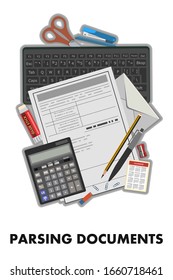 Analysis of documentation. Putting financial affairs in order. Remote audit of financial and tax documents. Cost optimization. Market research and increasing profitability. Isolated vector