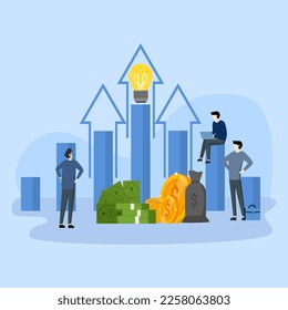 analysis of economic growth and investment, education strengthen financial idea, money, Group of businessmen analyze marketing strategy to increase business sales, flat blue vector illustration banner