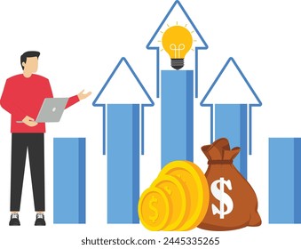 analysis of economic growth and investment, education strengthen financial idea, money, Group of businessmen analyze marketing strategy to increase business sales, flat blue vector illustration banner