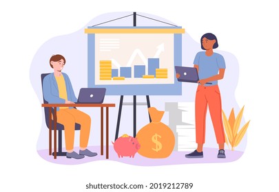 Analysis of evolutionary scale, analysts working, business negotiations, trust management consulting, investment opportunity. Flat metaphor cartoon vector concept design isolated on white background