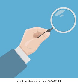 Analysis, exploration, zoom, scrutiny, audit, inspection concepts. Vector illustration isolated on blue background. Human hand holding magnifying glass. 