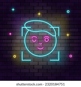 Analysis, facial, tech, smart icon , neon on wall. Dark background brick wall neon icon.