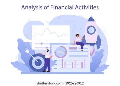 Analysis of financial activities. Business character reviewing company's financial operation. Marketing recommendation, budgeting. Isolated flat vector illustration