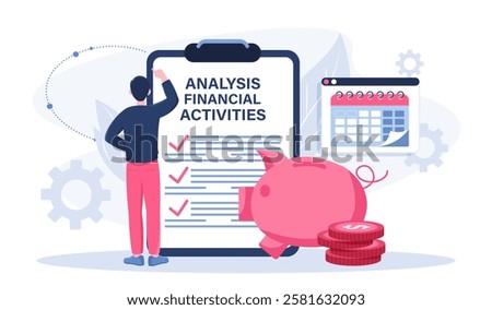 Analysis financial activities. Man stands near piggy bank. Financial literacy, budgeting and accounting. Businessman assesses expenses and income. Flat vector illustration