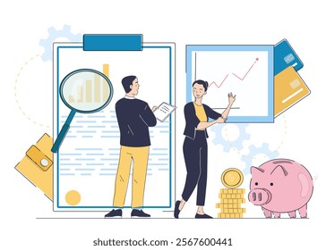Analysis financial activities. Man and woman evaluate graphs and diagrams. Financial literacy, assessment of expenses and income. Accounting and budgeting. Linear vector illustration