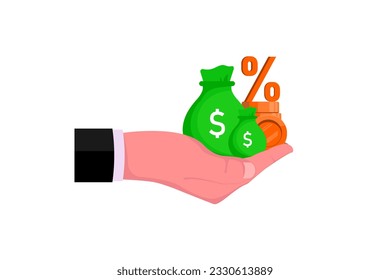 Análisis de concepto financiero, mano humana de negocios con dinero en fondo aislado, ilustración de marketing digital.