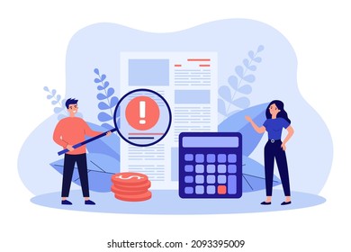 Analysis of financial documents by business people. Man researching with magnifying glass in hands flat vector illustration. Economy, report concept for banner, website design or landing web page