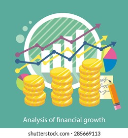Analysis of financial growth. Concept with text. Piles of gold coins on the background of arrows and columns chart. Icons for web design, analytic, graphic design and in flat design