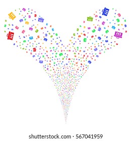 Analysis fireworks stream. Vector illustration style is flat bright multicolored iconic symbols on a white background. Object double fountain constructed from random design elements.