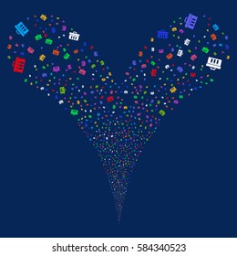 Analysis fireworks stream. Vector illustration style is flat bright multicolored iconic symbols on a blue background. Object double fountain done from random pictograms.