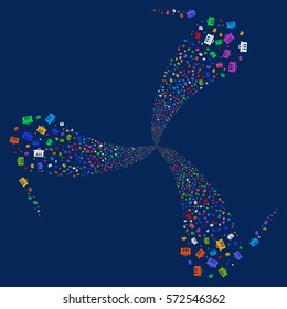 Analysis fireworks swirl rotation. Vector illustration style is flat bright multicolored iconic symbols on a blue background. Object whirl created from random symbols.