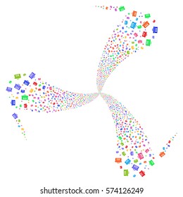 Analysis fireworks swirl rotation. Vector illustration style is flat bright multicolored iconic symbols on a white background. Object whirl organized from random symbols.
