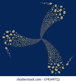 Analysis fireworks swirl rotation. Vector illustration style is flat yellow iconic symbols on a blue background. Object twirl organized from random design elements.