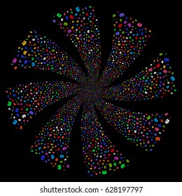 Analysis fireworks swirl rotation. Vector illustration style is flat bright multicolored iconic symbols on a black background. Object whirl combined from random symbols.