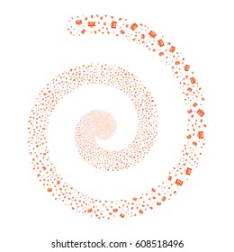 Analysis fireworks swirling spiral. Vector illustration style is flat orange scattered symbols. Object twirl made from random symbols.