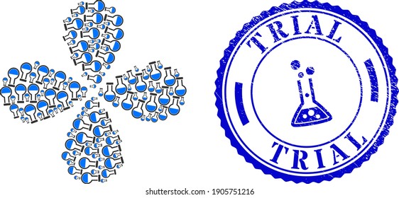 Analysis flask twirl flower with four petals, and blue round TRIAL unclean stamp seal with icon inside. Element cycle organized from oriented analysis flask symbols.