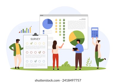 Análisis de grupo de enfoque y audiencia de marca para la comunicación con clientes. Pequeñas personas investigan opiniones de retroalimentación en la lista de encuestas para su evaluación en la ilustración vectorial de desempeño gráfico