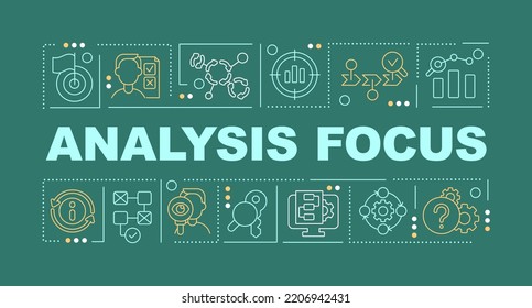 Analysis focus word concepts dark green banner. Case study. Infographics with editable icons on color background. Isolated typography. Vector illustration with text. Arial-Black font used