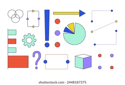 Analysis geometric abstract 2D linear cartoon objects set. Analysis graph pie chart isolated line vector elements white background. Choice decision-making color flat spot illustration collection