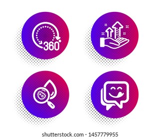 Analysis graph, 360 degrees and Water analysis icons simple set. Halftone dots button. Yummy smile sign. Targeting chart, Panoramic view, Aqua bacteria. Emoticon. Technology set. Vector