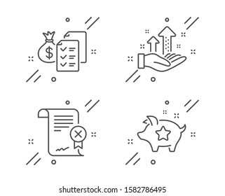 Analysis graph, Accounting wealth and Reject certificate line icons set. Loyalty points sign. Targeting chart, Audit report, Decline file. Piggy bank. Technology set. Vector