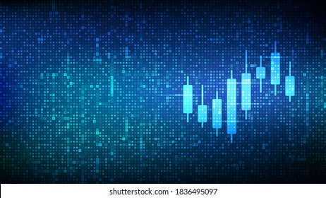 Analysis graph candlestick stock icon made with currency symbols. Stock market or forex trading graph. Dollar, euro, yen and pound icons. Financial background with currency signs. Vector illustration.