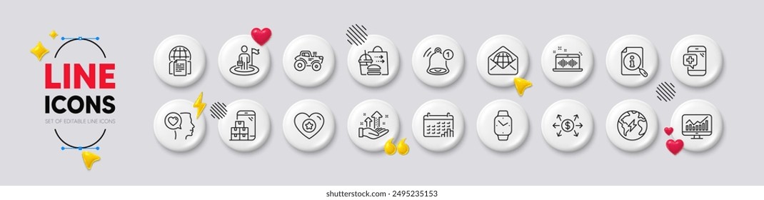 Analysis graph, Electricity and Statistics line icons. White buttons 3d icons. Pack of Tractor, Medical phone, Mobile inventory icon. Romantic talk, Search, Leadership pictogram. Vector