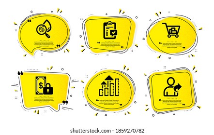 Analysis graph, Internet shopping and Water analysis icons simple set. Yellow speech bubbles with dotwork effect. Private payment, Checklist and Refer friend signs. Vector