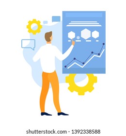 Analysis Graph. Man Analyzes Information. Technology and Design. Workflow Optimization. Vector Illustration. Graph and Chart. System Settings. Man Show Hand on Electronic Chart. Creative Design.
