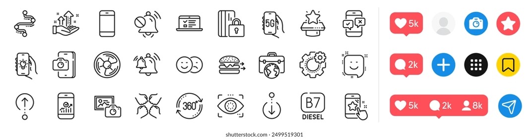 Analysis graph, Phone survey and Smile line icons pack. Social media icons. Swipe up, Cogwheel, Phone photo web icon. Photo camera, Squad, Like pictogram. Smartphone, Electric app, Diesel. Vector