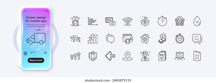 Analysis graph, Smartphone protection and Greenhouse line icons for web app. Phone mockup gradient screen. Pack of Smile face, Oil serum, Squad pictogram icons. Vector