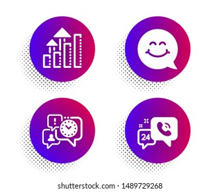 Analysis graph, Smile face and Time management icons simple set. Halftone dots button. 24h service sign. Targeting chart, Chat, Office chat. Call support. Business set. Vector