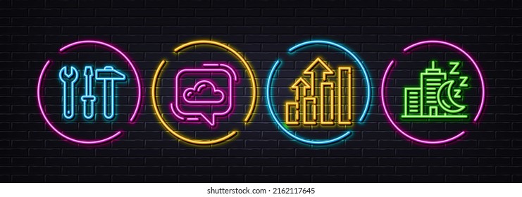 Analysis graph, Spanner tool and Cloud communication minimal line icons. Neon laser 3d lights. Night city icons. For web, application, printing. Vector
